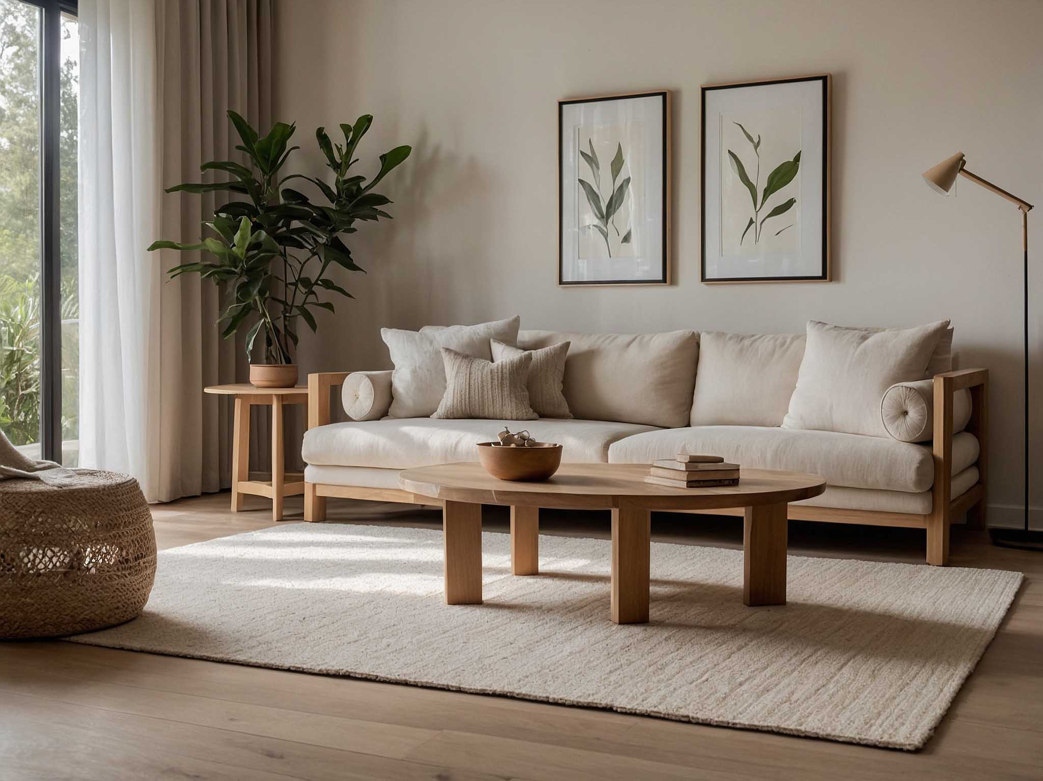 Lyst og innbydende hjem med beige sofa etter grundig visningsvask utført av offentlig godkjent renholdsbedrift i Sandefjord.