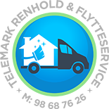 Rund logo for Telemark Renhold & Flytteservice, en offentlig godkjent renholdsbedrift i Skien med kontaktnummer 98 68 76 26.